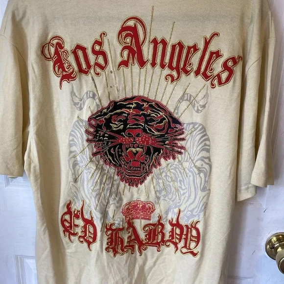 VTG Ed Hardy Los Angeles Embellished Polo T Shirt Tiger Yellow Unisex XXL NEW - Picture 7 of 9
